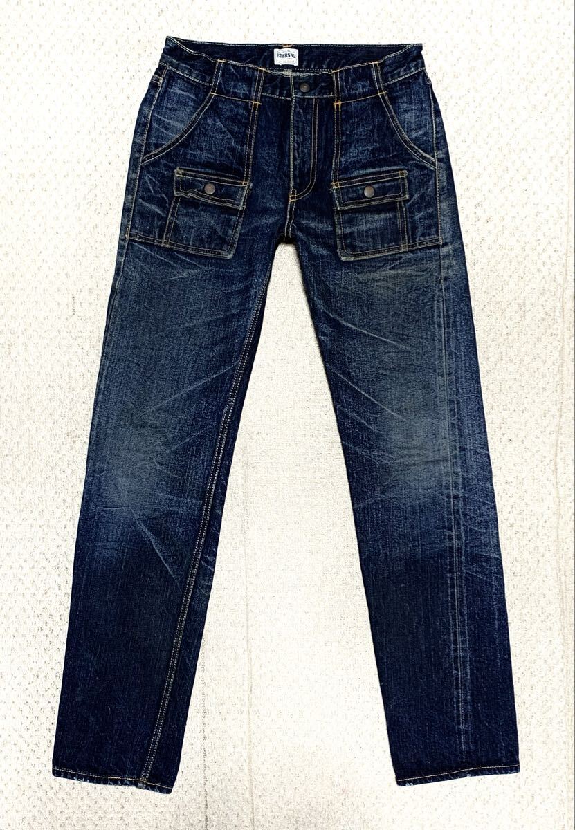 極上:備中倉敷工房 ETERNAL.ビンテージ加工 デニム ブッシュ パンツ 30(綿100/セルビッチ/W77股下81/エターナル/johnbull workers type)_画像1