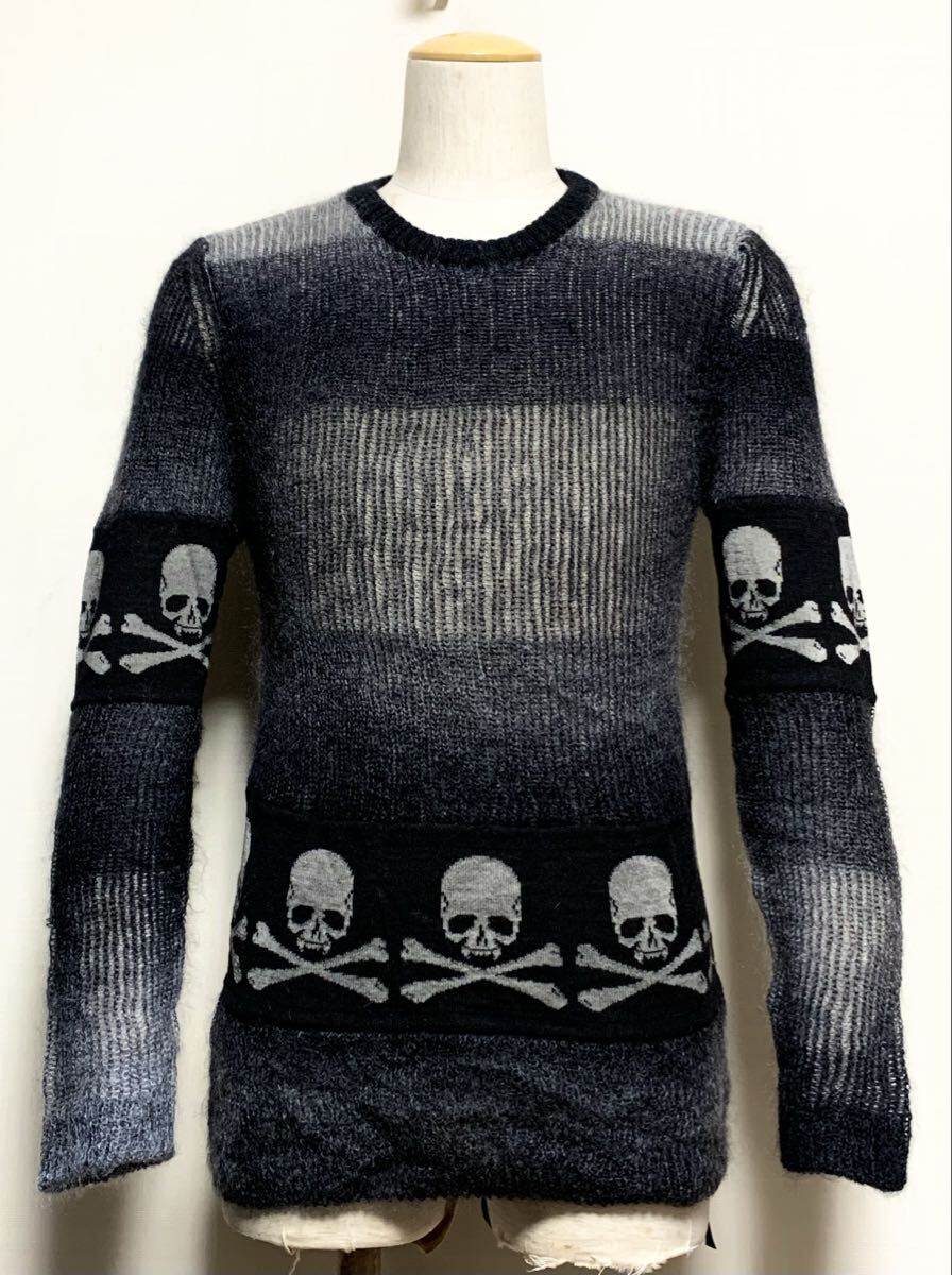 極上:Roen(ロエン).モヘア ニット 44(S/スカル柄 切替/肩43幅48丈68/UK パンク/V系/raleigh tornado mart kmrii kgb type/日本製/レザー)_画像1