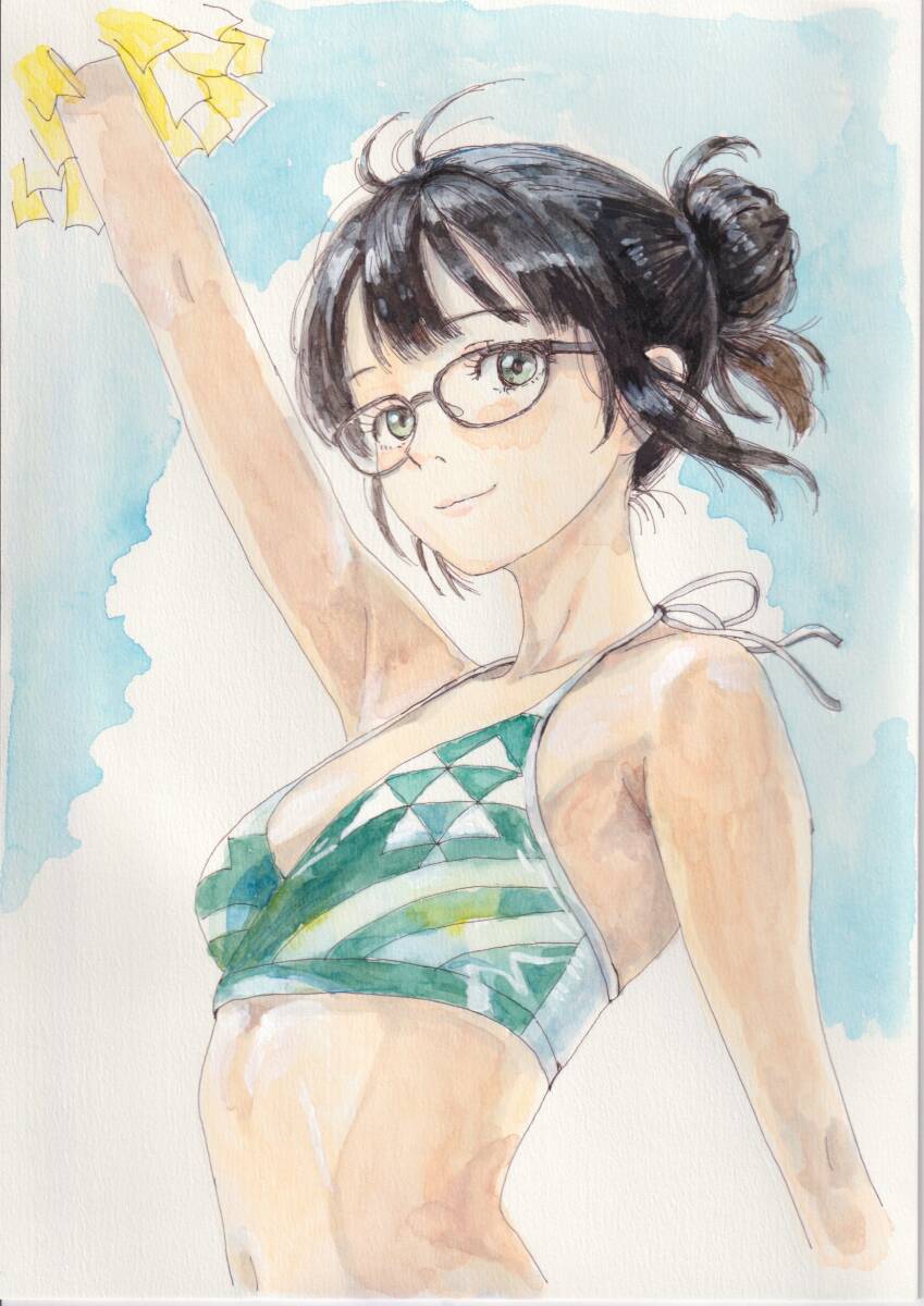 [ один пункт предмет ] оригинал Cheer девушка очки чёрный . прекрасный девушка рука .. искусство постер иллюстрации исходная картина A4 размер рукописный текст .