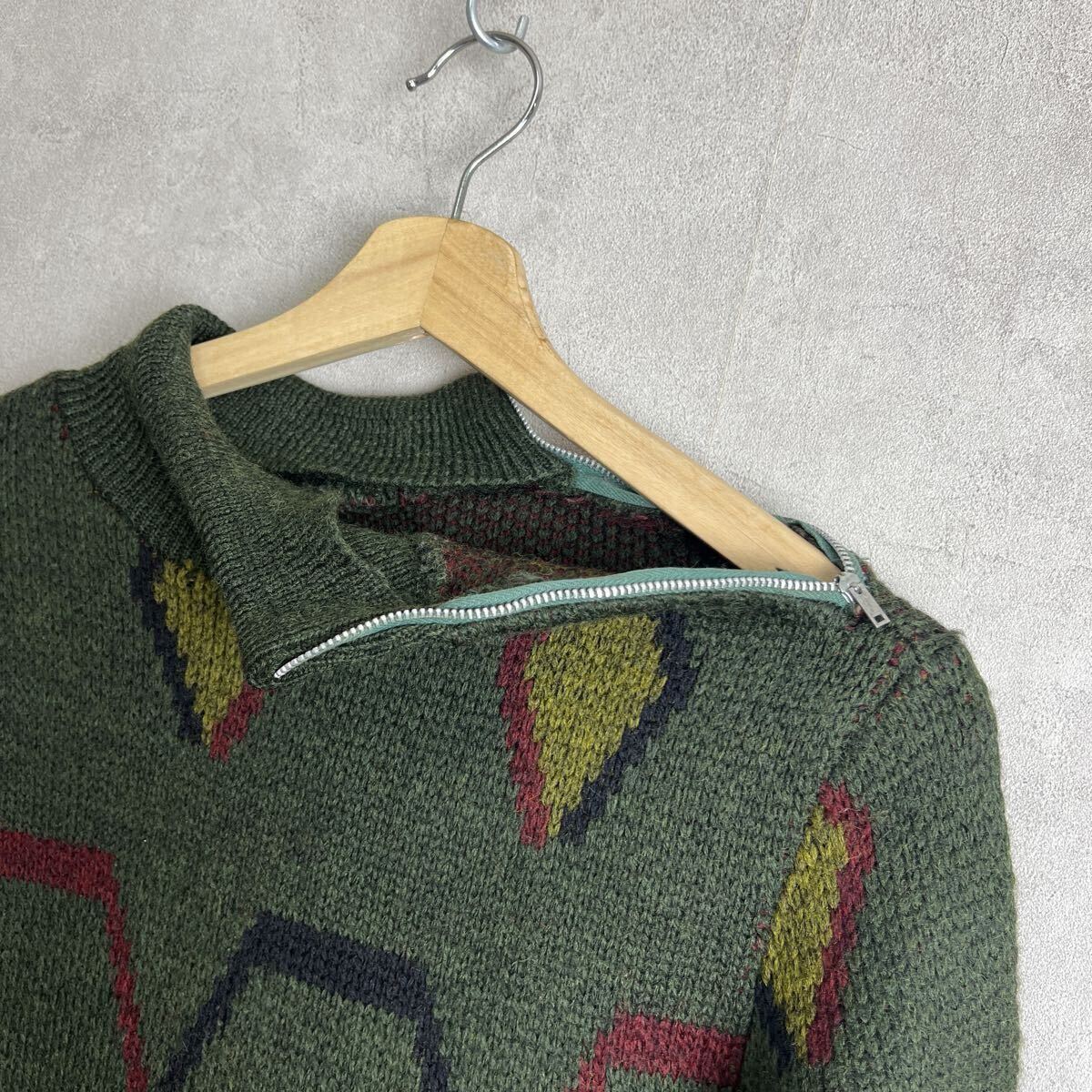 50s 60s ヴィンテージ ウールニット ダイヤ アーガイル柄 デザイン セーター ACME 片爪 オリーブグリーン USA古着 アメリカ古着 vintage_画像6