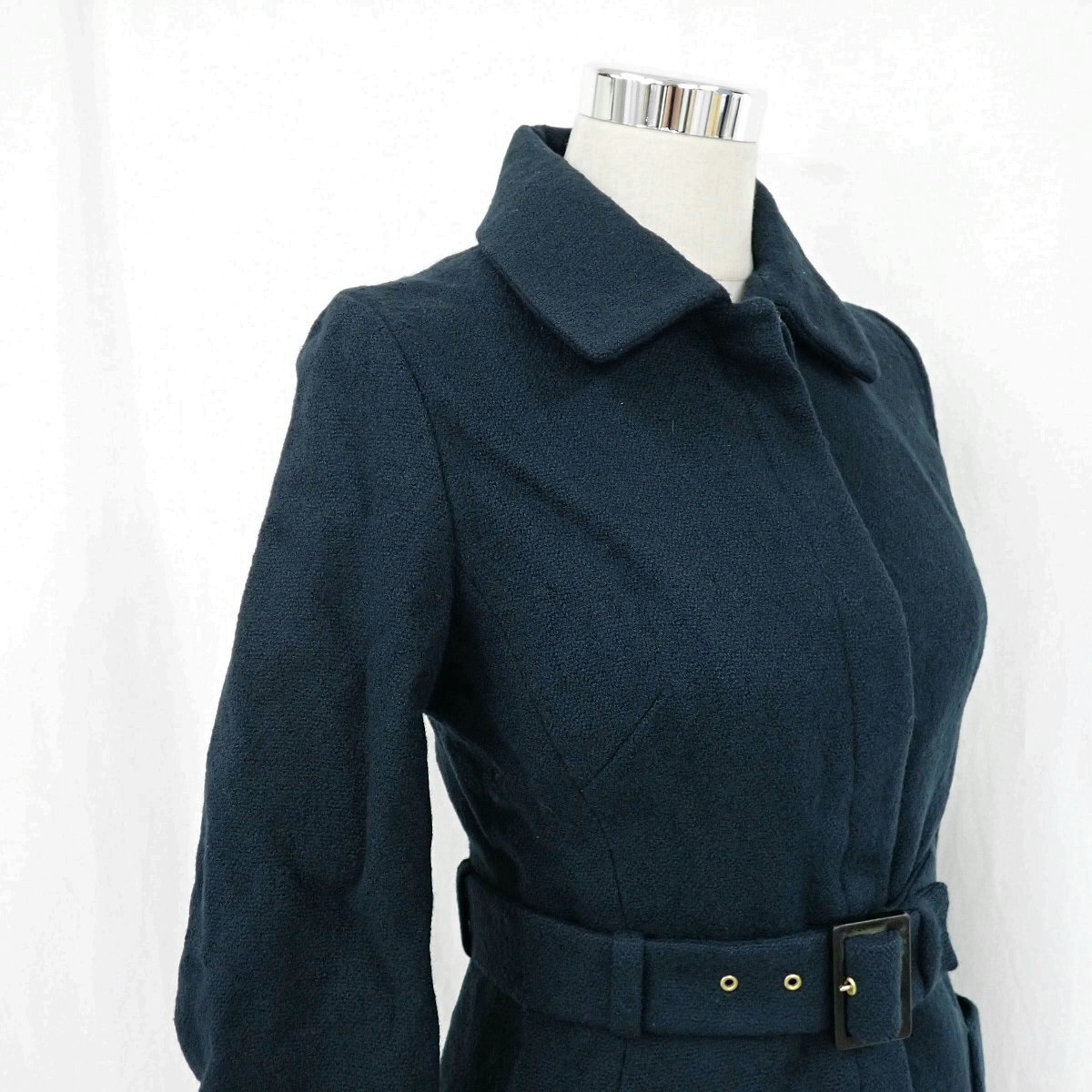 ★CELINE/セリーヌ ステンカラーコート 36/レディースS相当/ダークグリーン系/ウール100％/リボン付き/比翼仕立て&2126300007_画像3