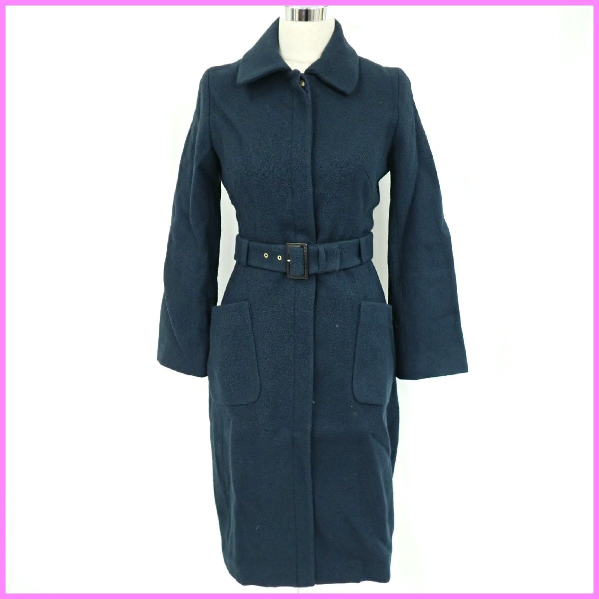 ★CELINE/セリーヌ ステンカラーコート 36/レディースS相当/ダークグリーン系/ウール100％/リボン付き/比翼仕立て&2126300007_画像1