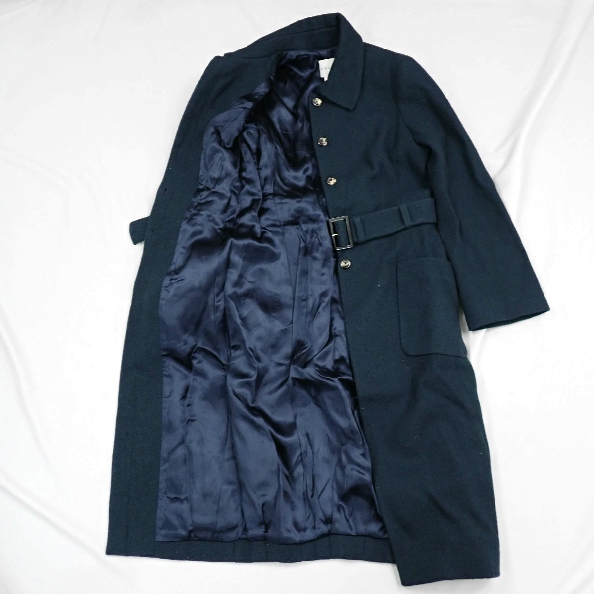 ★CELINE/セリーヌ ステンカラーコート 36/レディースS相当/ダークグリーン系/ウール100％/リボン付き/比翼仕立て&2126300007_画像4