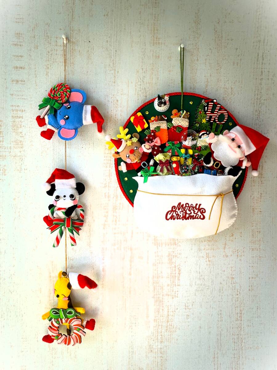 HAPPY*ハンドメイド*フェルト*クリスマス*リース*壁飾り*インテリア*サンタ*プレゼント*ケーキ*靴下*ゾウ*パンダ*キリン*_画像7