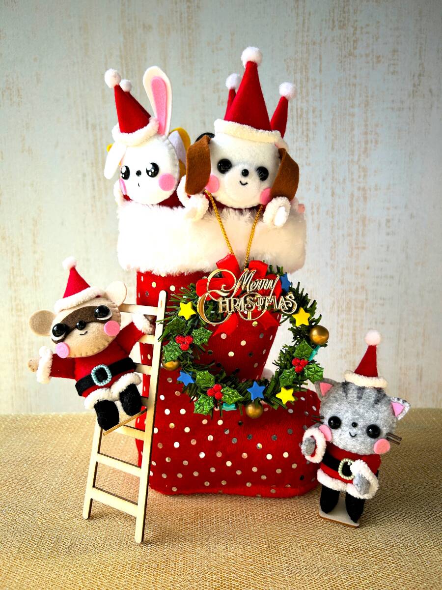 HAPPY*ハンドメイド*フェルト*置き飾り*飾り物*クリスマス*インテリア*ブーツ*リース*はしご*動物*ぶた*うさぎ*猫*犬*パンダ*狸*きつね*_画像5