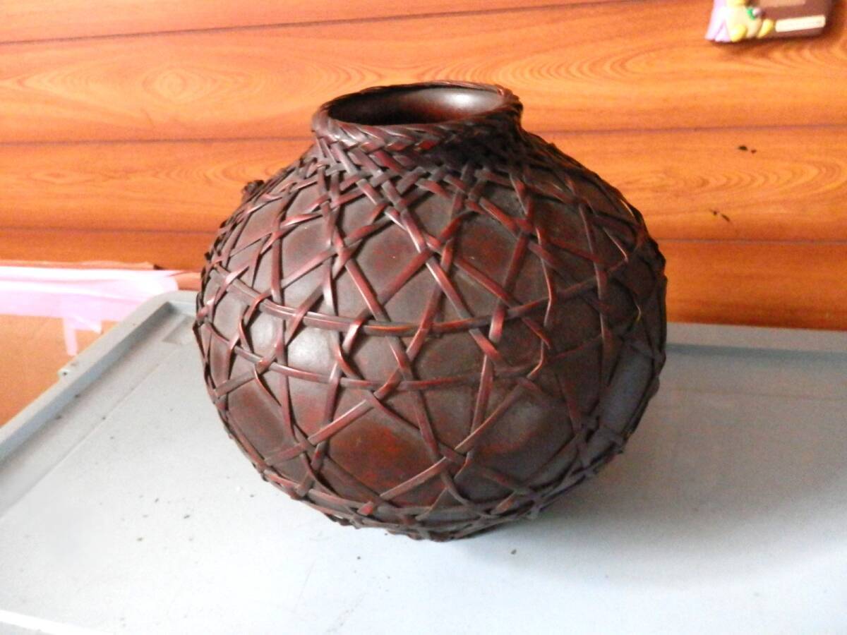 竹細工 花籠 花入 竹編 竹籠 金属製 茶道具　*1025_画像1