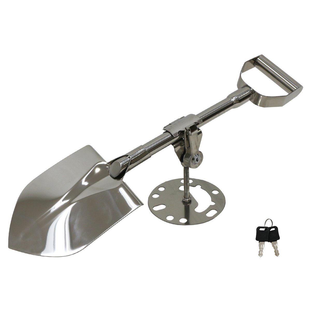 【送料無料】ステンレス製 汎用 背面 スコップ 5穴/6穴 ホルダー 鍵付き 四駆 林道 クロカン 脱出 ランクル ジムニー JA11 JB23 JB64_画像1