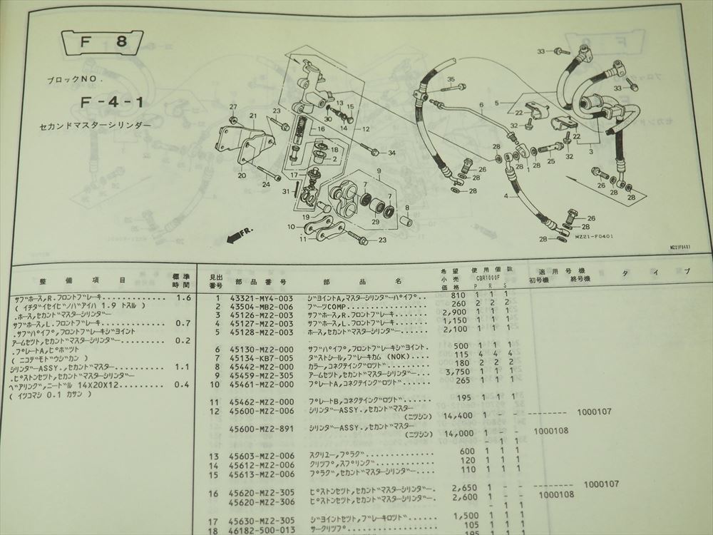 CBR1000F SC31-100 110 120 4 версия список запасных частей эпоха Heisei 11 год 9 месяц выпуск CBR1000FP CBR1000FR CBR1000FS страница оторван, отходит .. есть 