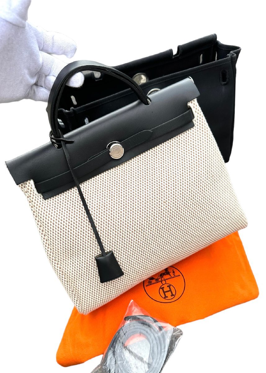 超美品◆本物◆エルメスHERMESエールバッグPMトワルGMキャンバスレザー・カーフ黒白パンダハンドバッグショルダーバッグ金具ボックスカーフ_画像2