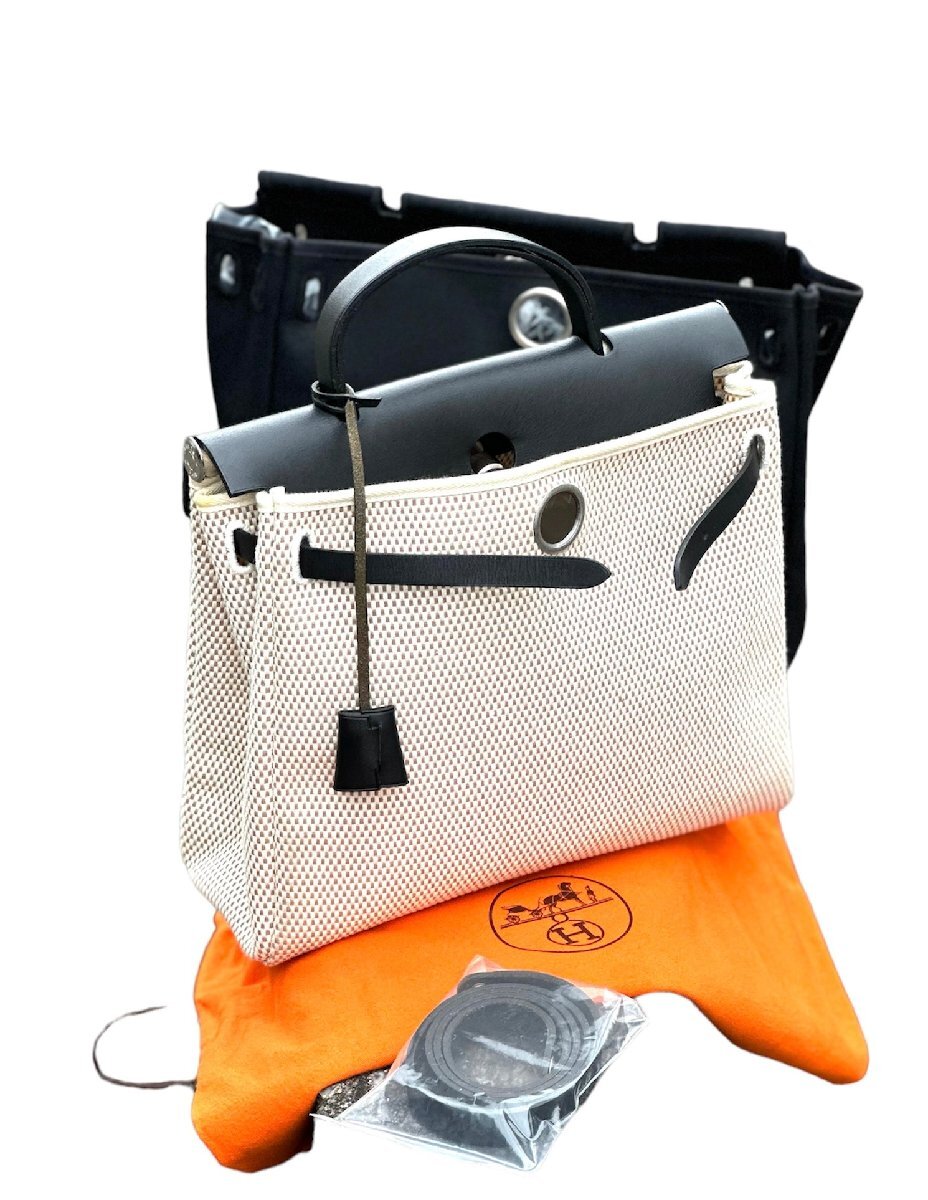 超美品◆本物◆エルメスHERMESエールバッグPMトワルGMキャンバスレザー・カーフ黒白パンダハンドバッグショルダーバッグ金具ボックスカーフ_画像9