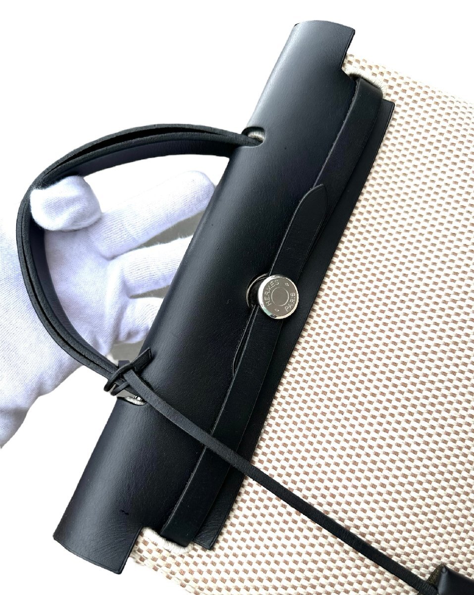 超美品◆本物◆エルメスHERMESエールバッグPMトワルGMキャンバスレザー・カーフ黒白パンダハンドバッグショルダーバッグ金具ボックスカーフ_画像6