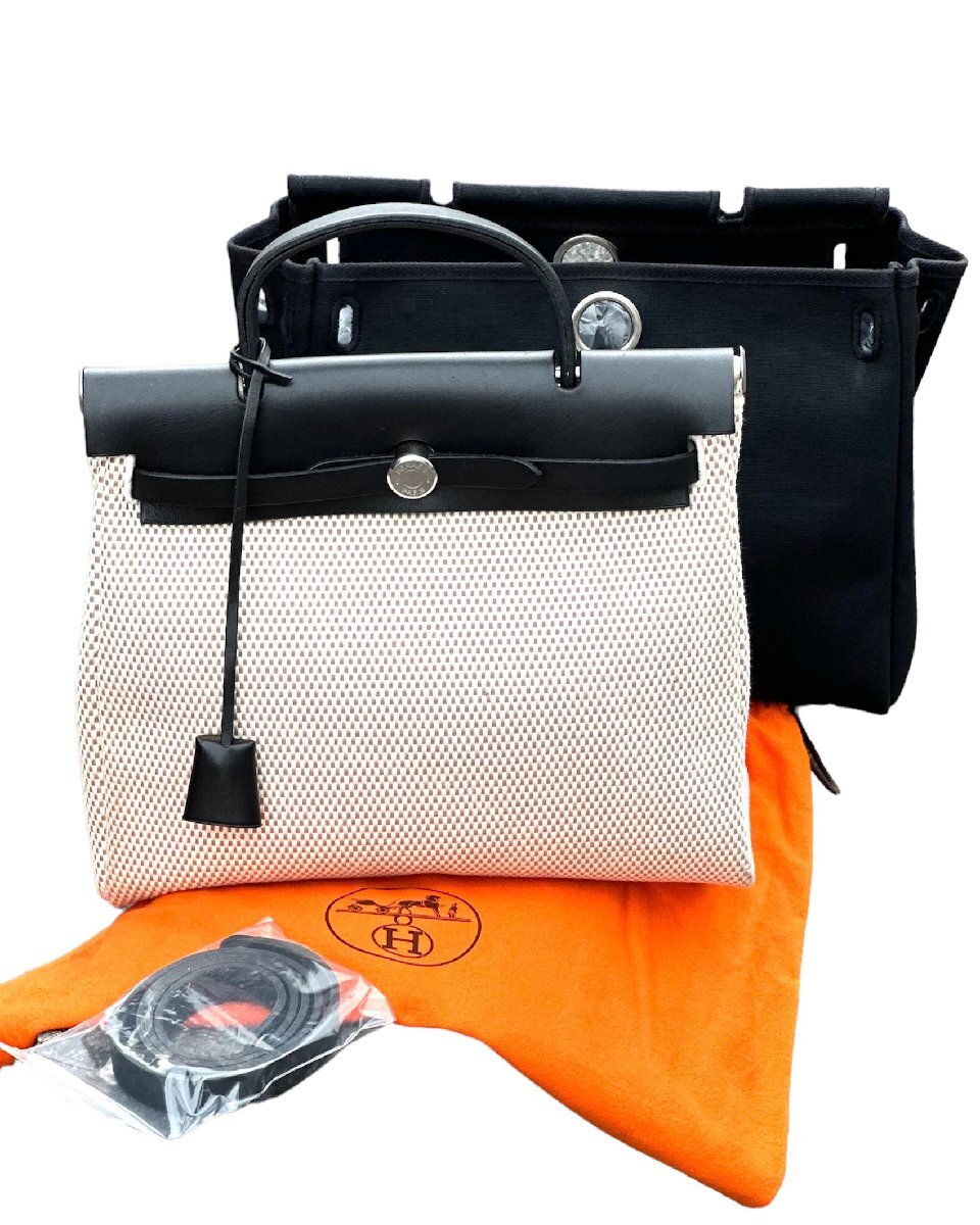 超美品◆本物◆エルメスHERMESエールバッグPMトワルGMキャンバスレザー・カーフ黒白パンダハンドバッグショルダーバッグ金具ボックスカーフ_画像1