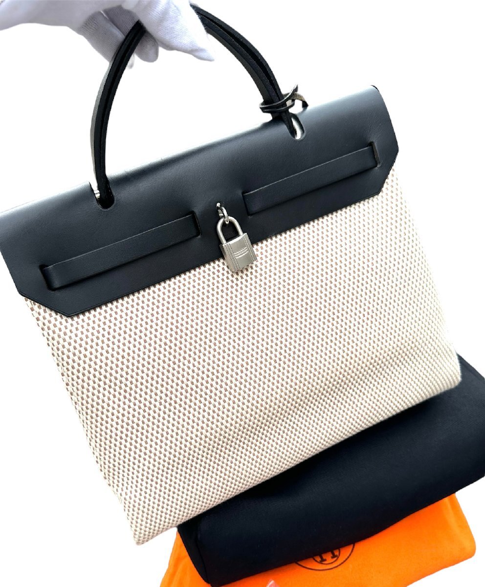 超美品◆本物◆エルメスHERMESエールバッグPMトワルGMキャンバスレザー・カーフ黒白パンダハンドバッグショルダーバッグ金具ボックスカーフ_画像8