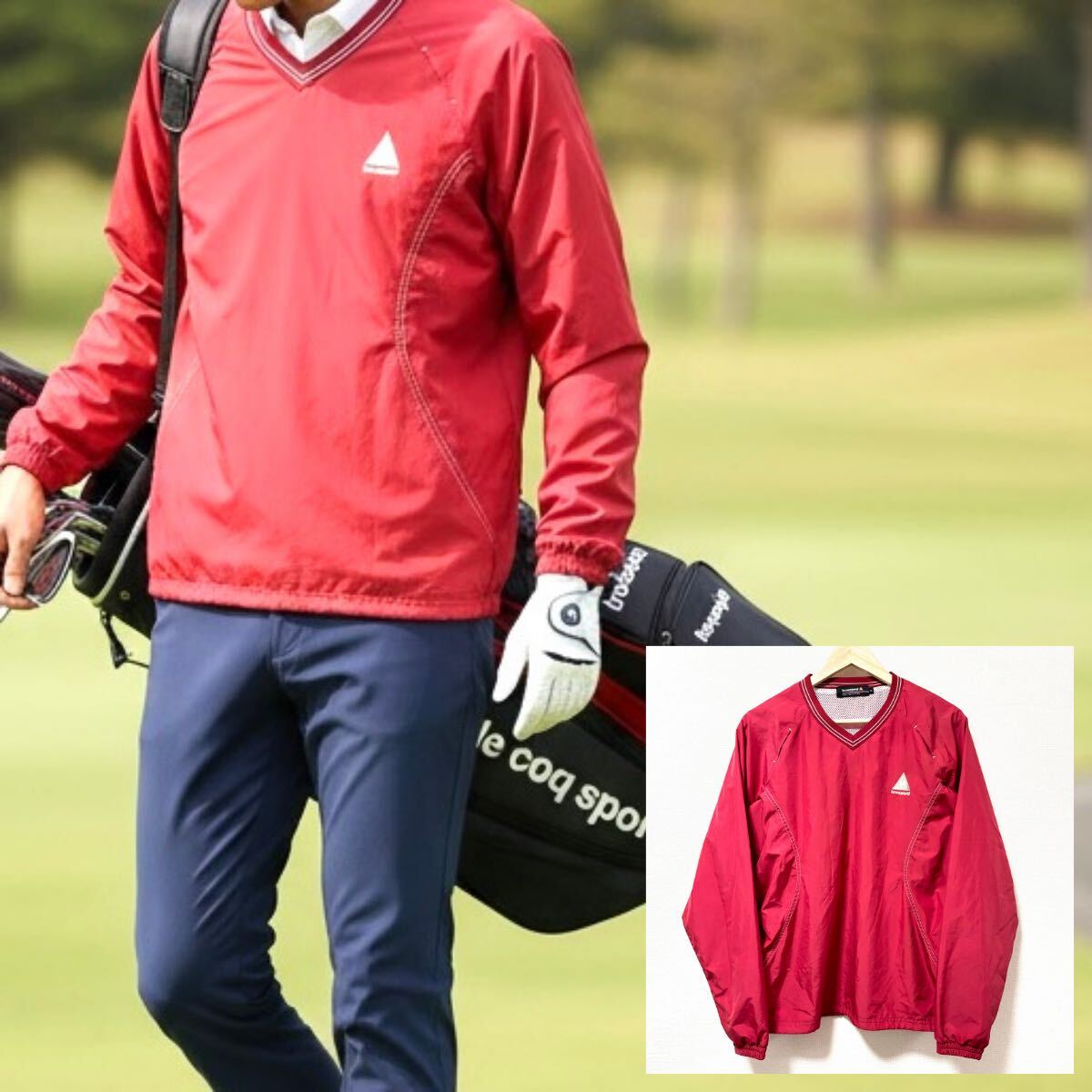 ゴルフシーンに◎【le coq sportif】ルコックスポルティフ ピステ ウインドブレーカー ロゴ メッシュ プルオーバー 赤 メンズ M /Y38202SS_画像1