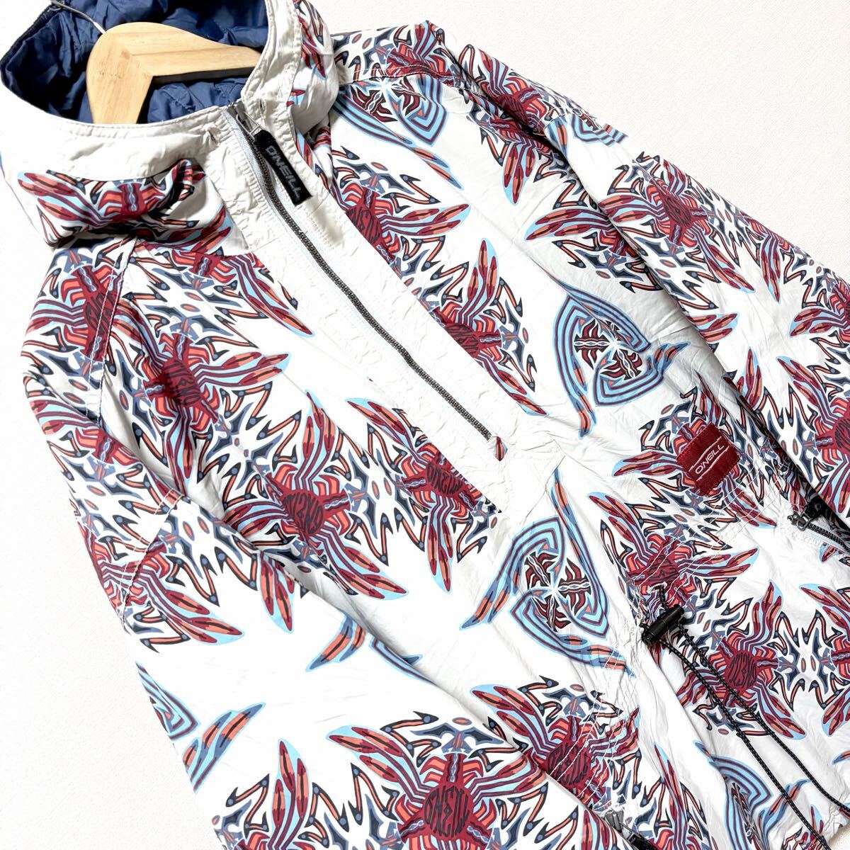 90s◎ナイロン製◎【O'NEILL】オニール スノー ウェア プルオーバー アノラック パーカー 総柄 スノボ スキー オフホワイト S /Y38532SS_画像7