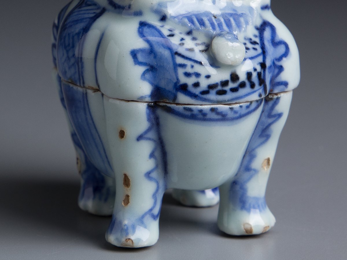 【五】古染付 青花獅子香炉 明末-清初 箱付_画像7