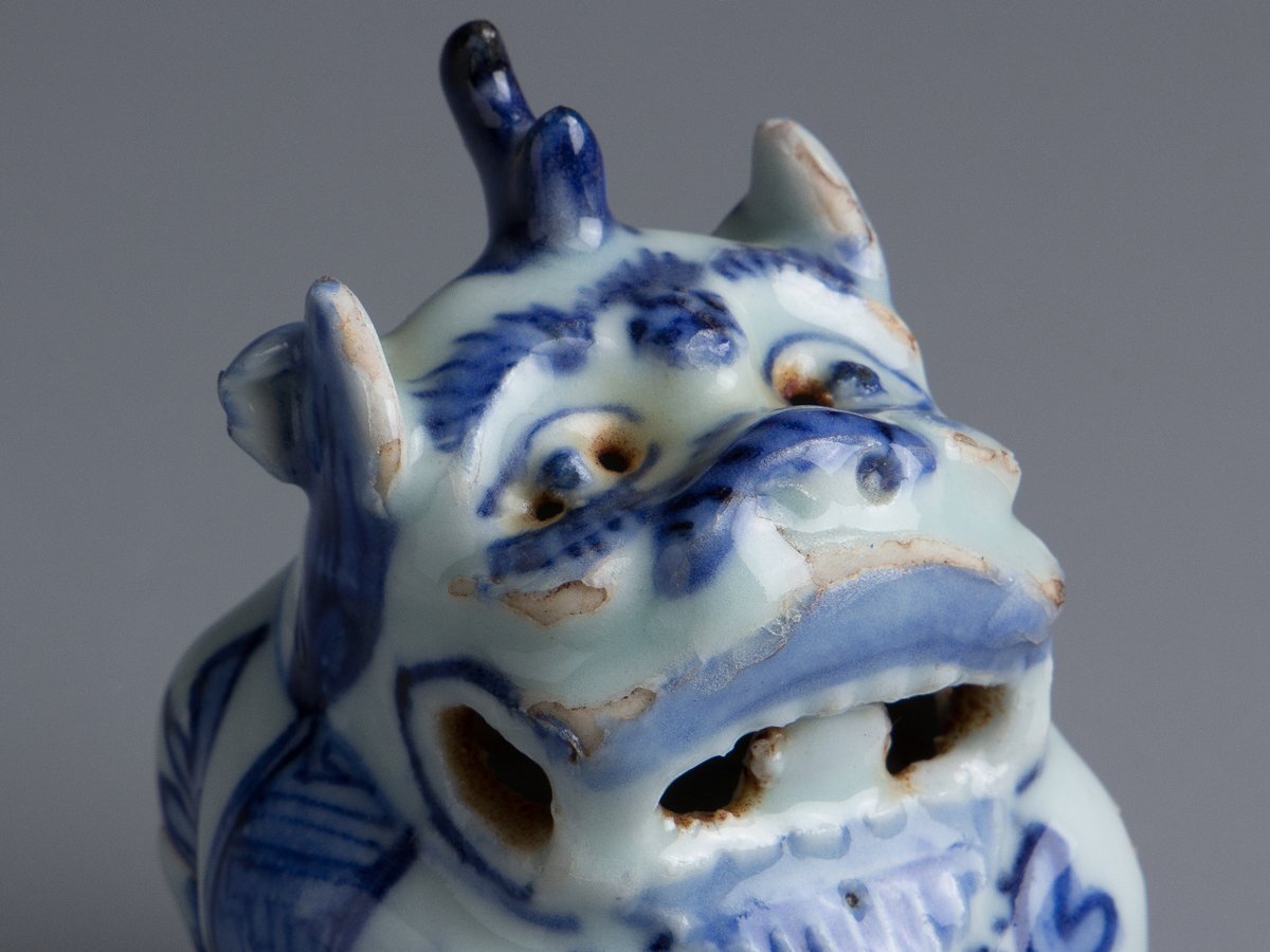 【五】古染付 青花獅子香炉 明末-清初 箱付_画像6