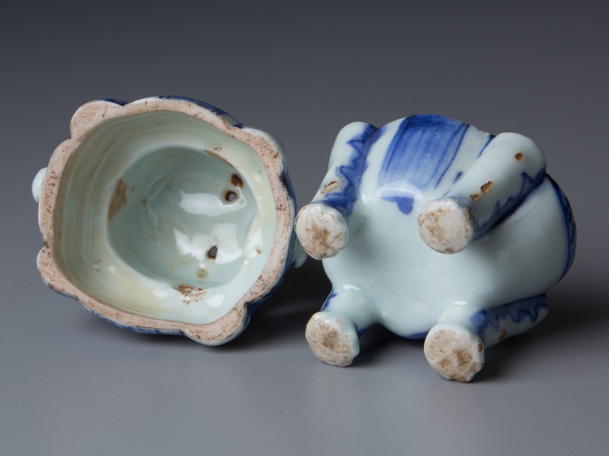 【五】古染付 青花獅子香炉 明末-清初 箱付_画像9