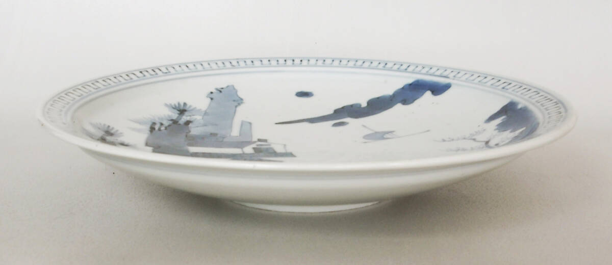 染付　楼閣　山水　帆船　人物の図　中皿_画像6