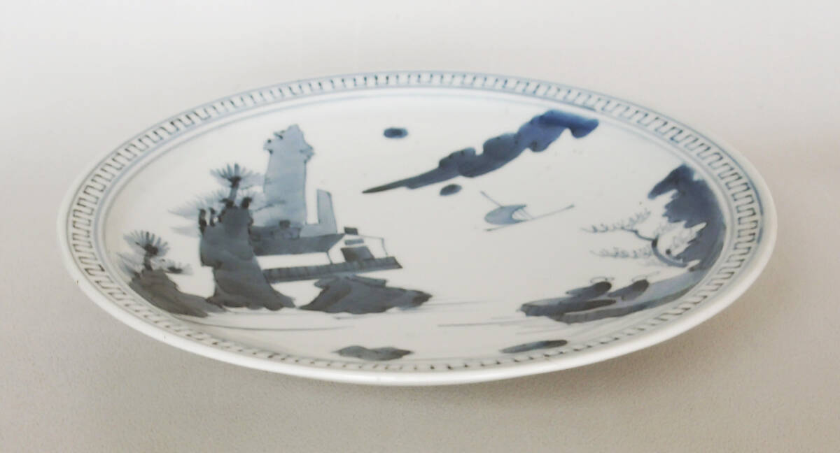 染付　楼閣　山水　帆船　人物の図　中皿_画像5