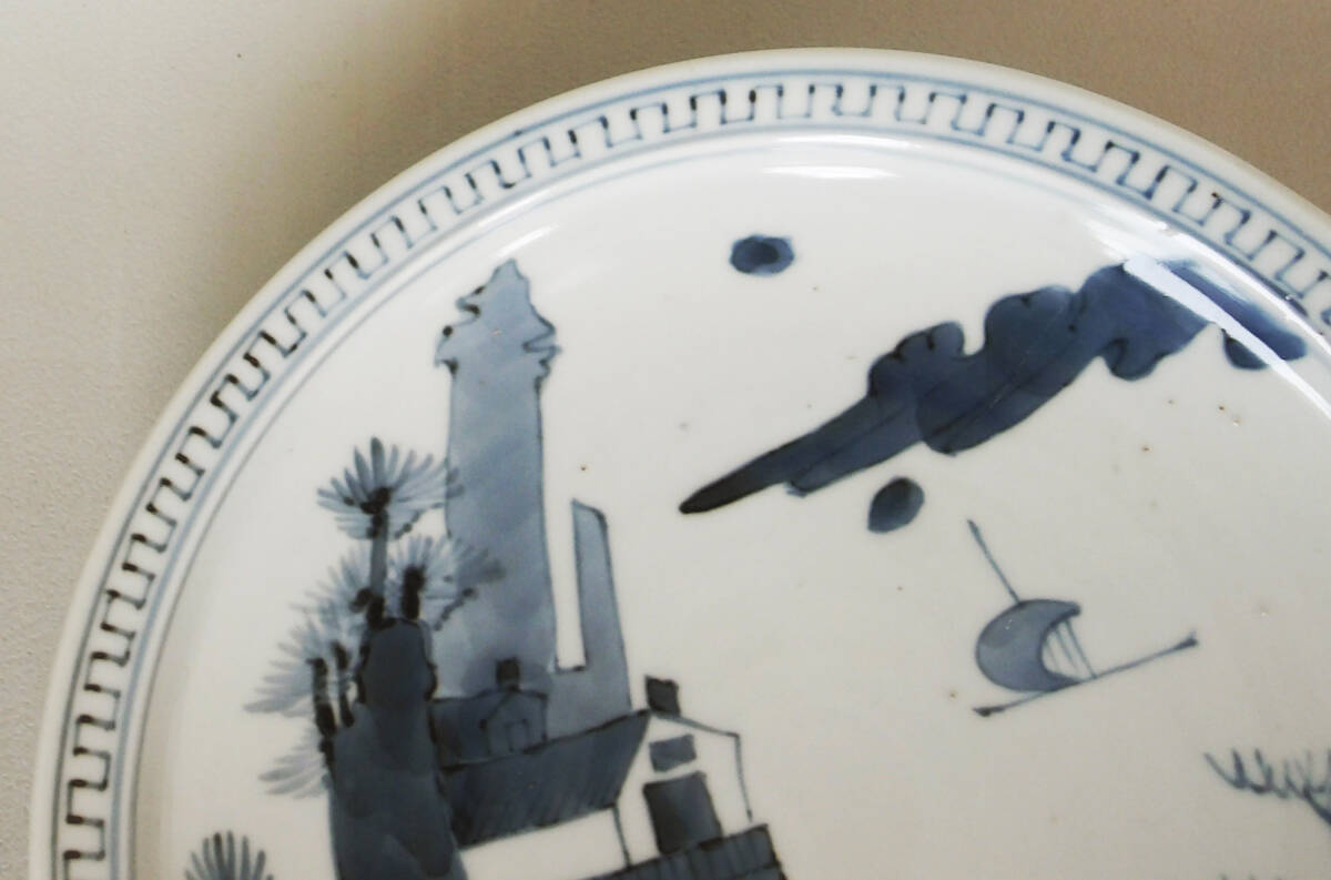 染付　楼閣　山水　帆船　人物の図　中皿_画像2
