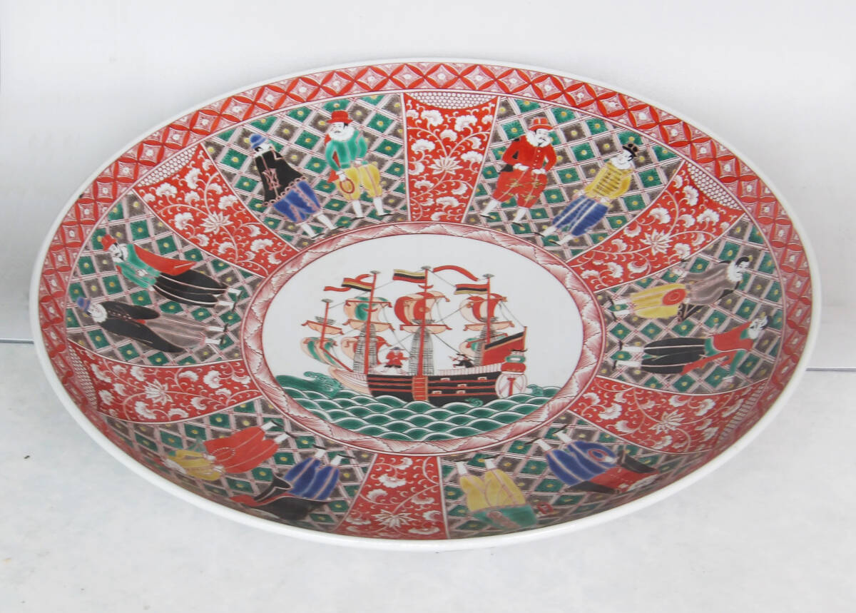 色絵　ラッタン人　帆船の図　大皿_画像6
