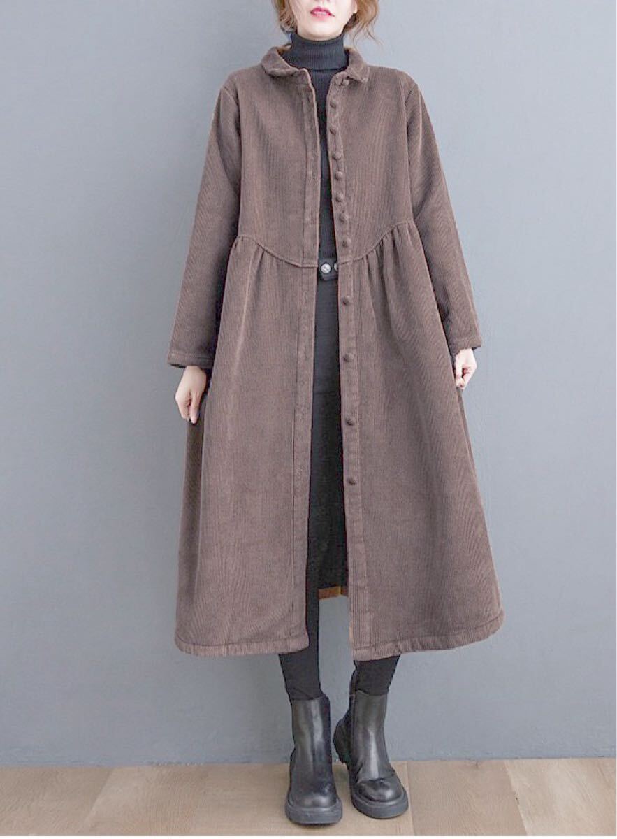 ロング丈　前開き　裏起毛　コーデュロイ　コートジャケット　アウター　薄茶系　大きいサイズ_画像3