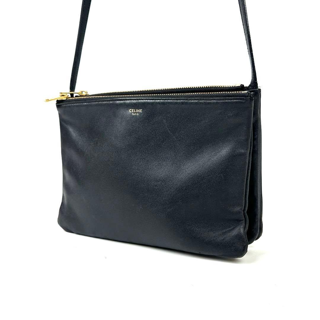 1円～■CELINE セリーヌ ショルダーバッグ クロスボディ 肩掛け 斜め掛け トリオ スモール ゴールド金具 黒 革 メンズ レディース 男女兼用_画像2