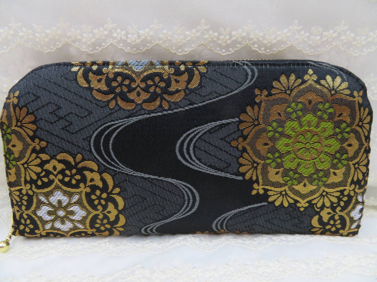 和柄　金襴　 流水に八弁花 　ラウンド長財布　ハンドメイド_画像1
