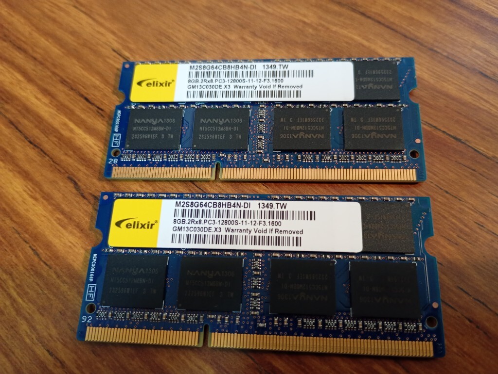 ▲【1.5v】 合計16GB（8GB×2枚)　PC3-12800S　▲elixirブランド　NANYA製　NANYAチップ　CFD提携以降　類▲③④ 1349_画像1