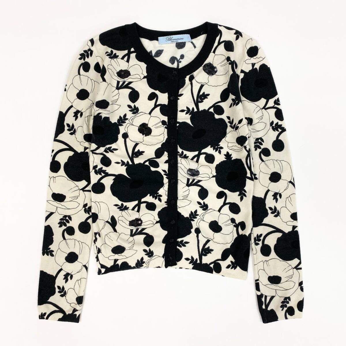 31k2 Blumarine ブルマリン イタリア製 長袖ニットカーディガン 花柄プリント ビジュー スパンコール 38 ホワイト ブラック レディースo07t_画像1
