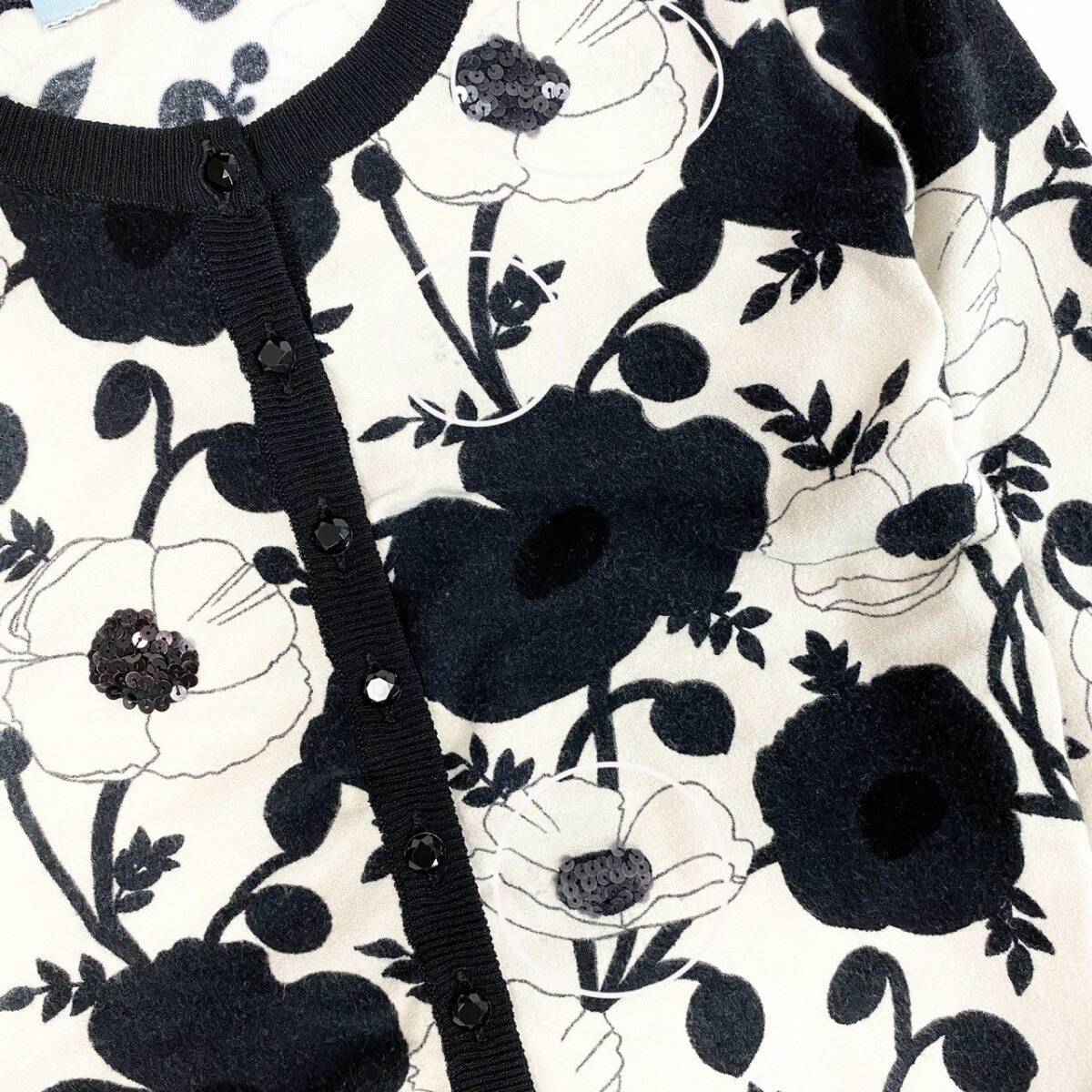 31k2 Blumarine ブルマリン イタリア製 長袖ニットカーディガン 花柄プリント ビジュー スパンコール 38 ホワイト ブラック レディースo07t_画像5