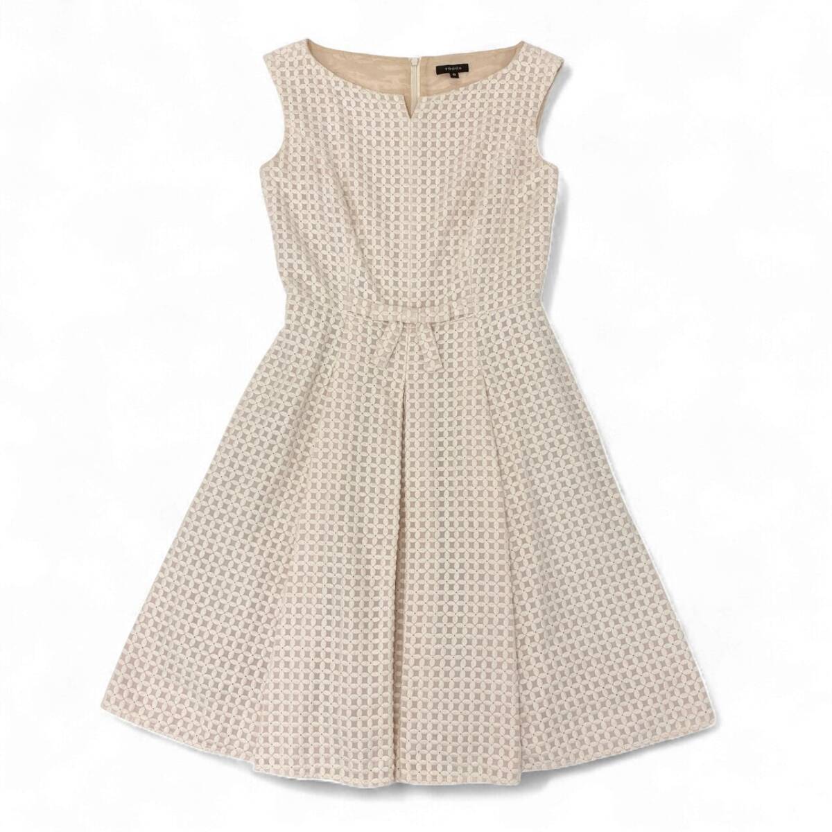 47k5 TOCCA トッカ CLOVER クローバードレス ノースリーブワンピース 総柄 刺繍 ウエストリボン OPTOYM0250 0 ピンク オフホワイトo07t_画像2