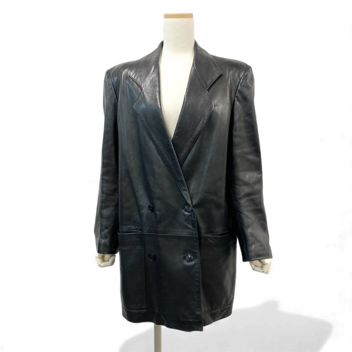 10k11 agnes b. SPECIAL アニエスベースペシャル レザー ロングジャケット チェスターコート ダブルブレスト フランス製 2 ブラックu02t_画像2