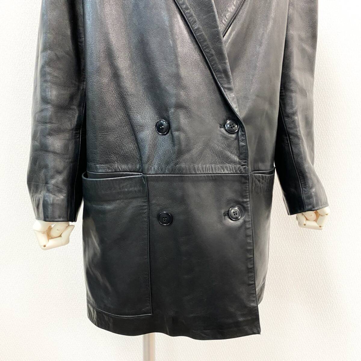 10k11 agnes b. SPECIAL アニエスベースペシャル レザー ロングジャケット チェスターコート ダブルブレスト フランス製 2 ブラックu02t_画像6