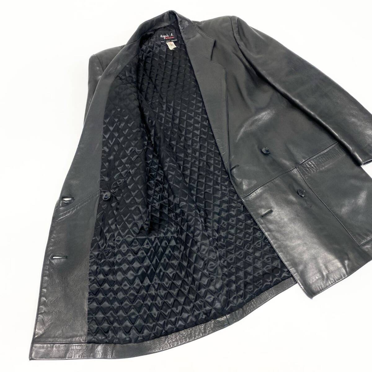 10k11 agnes b. SPECIAL アニエスベースペシャル レザー ロングジャケット チェスターコート ダブルブレスト フランス製 2 ブラックu02t_画像7