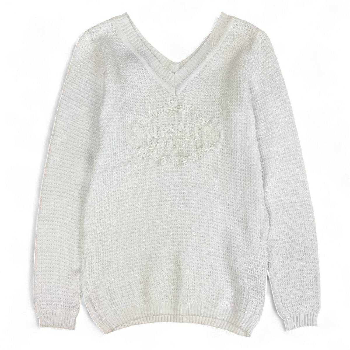 76k21 VERSACE ヴェルサーチ vintage front logo knitwear ロゴ刺繍 ニット サイズS ホワイト レディース トップスk02i_画像1