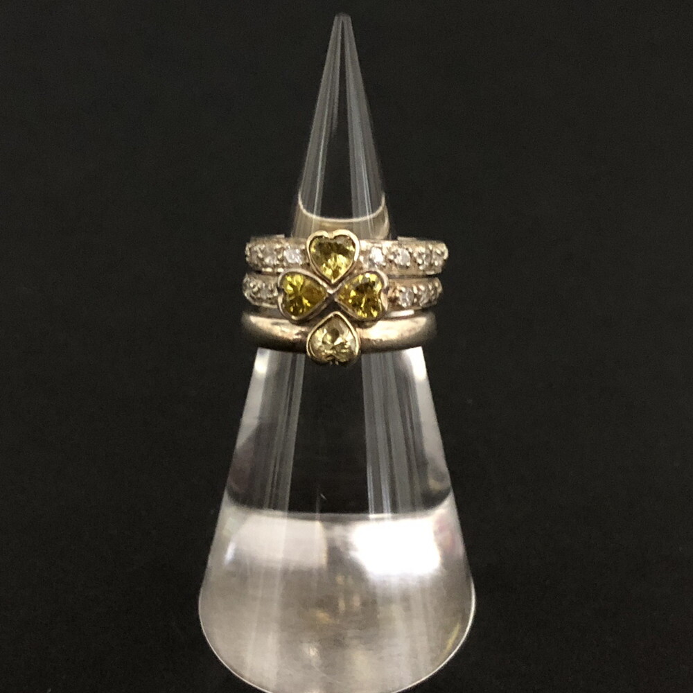 1円 美品 Folli Follie フォリフォリ 四葉 ハート リボン ジルコニア 天然石 3連 リング 指輪 7号　シルバー　/ZX2281_画像1