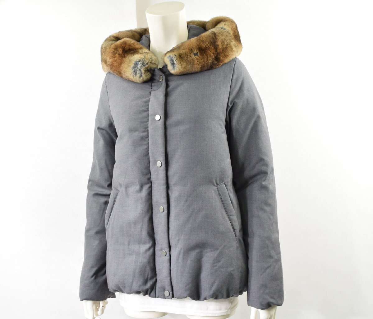 5000-GA00170★シップス SHIPS 美品★2way♪ 高級レッキスファー フード付き 暖か袖リブ ダウンジャケット 36 グレー ドローストリング_画像1
