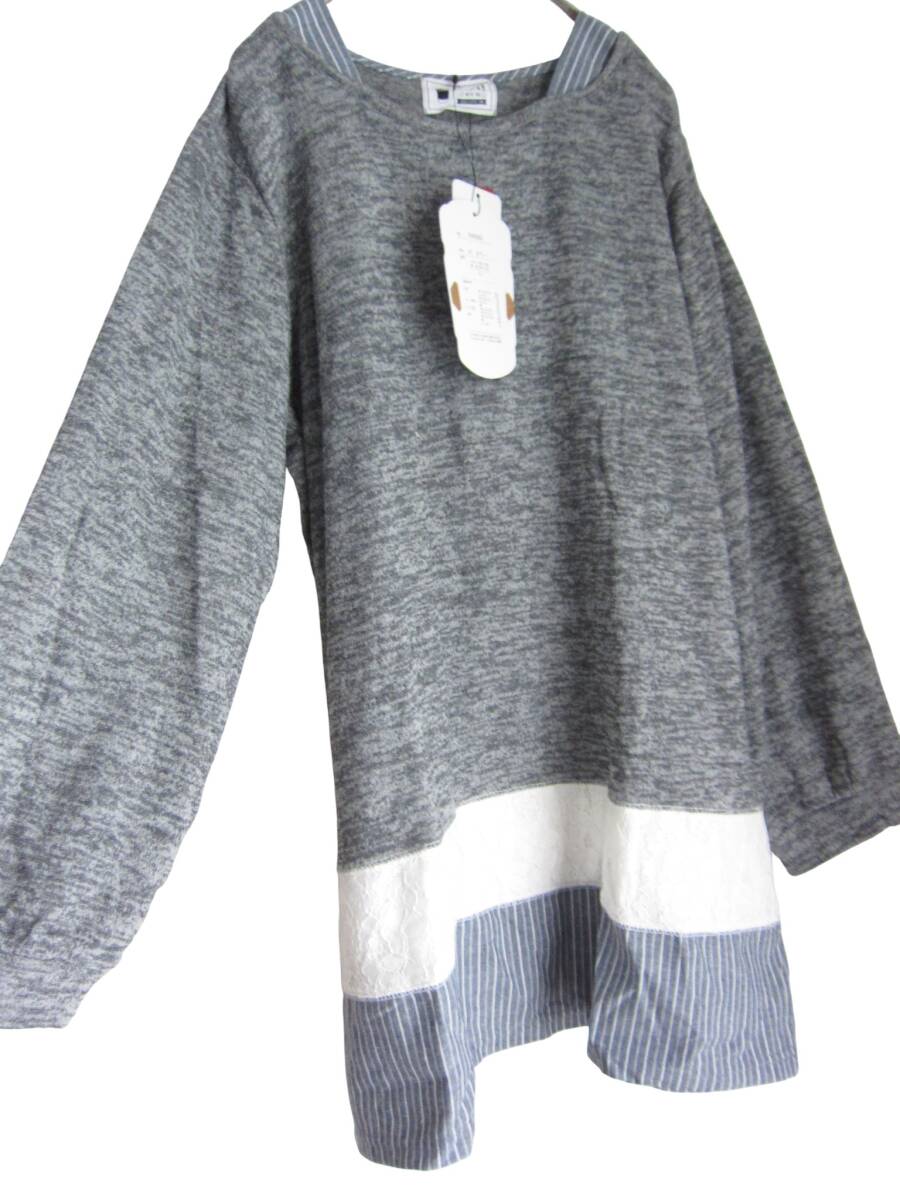 送料無料　Z111　新品　【3L】　グレー　ニットソー　シャツ重ね着風　1枚仕立て　大きいサイズ　ゆうパケットプラス　長袖　着回し_画像5