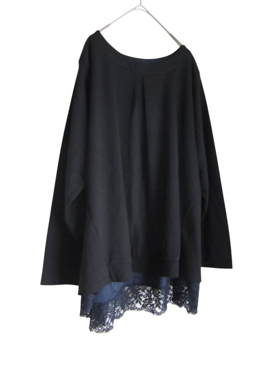 送料無料　Z115　美品　【5L】　～6L着用可　ブラック×ネイビーレース　重ね着風　厚地　カットソー　長袖　大きいサイズ　ゆうパケット_画像2
