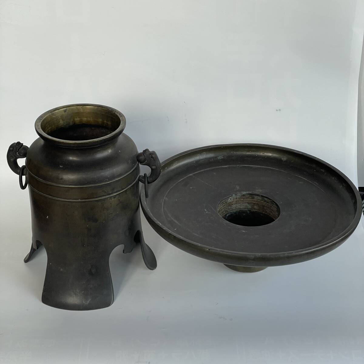 薄端 いけばな 池坊 骨董 銅製 玄猪 華道 生花 花器 ブロンズ 青銅 龍双耳_画像4