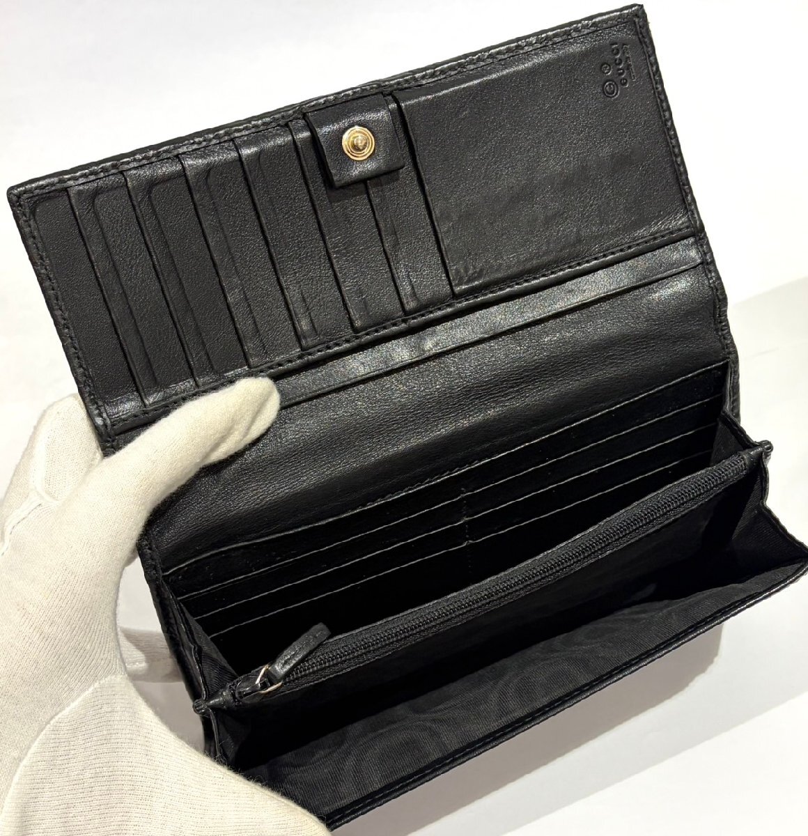 GUCCI グッチ 449396 マイクログッチシマ 二つ折り長財布 ブラック 現状品お渡し 箱付き 黒 GGマーク GG柄 小銭入れ お札 フラップ S3177_画像8
