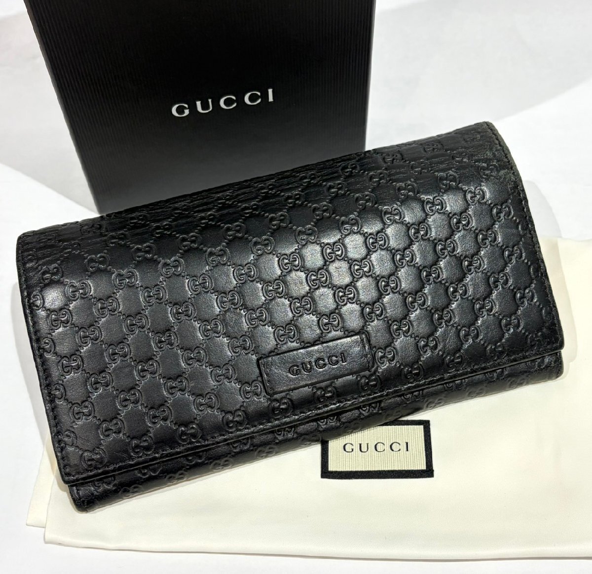 GUCCI グッチ 449396 マイクログッチシマ 二つ折り長財布 ブラック 現状品お渡し 箱付き 黒 GGマーク GG柄 小銭入れ お札 フラップ S3177_画像1