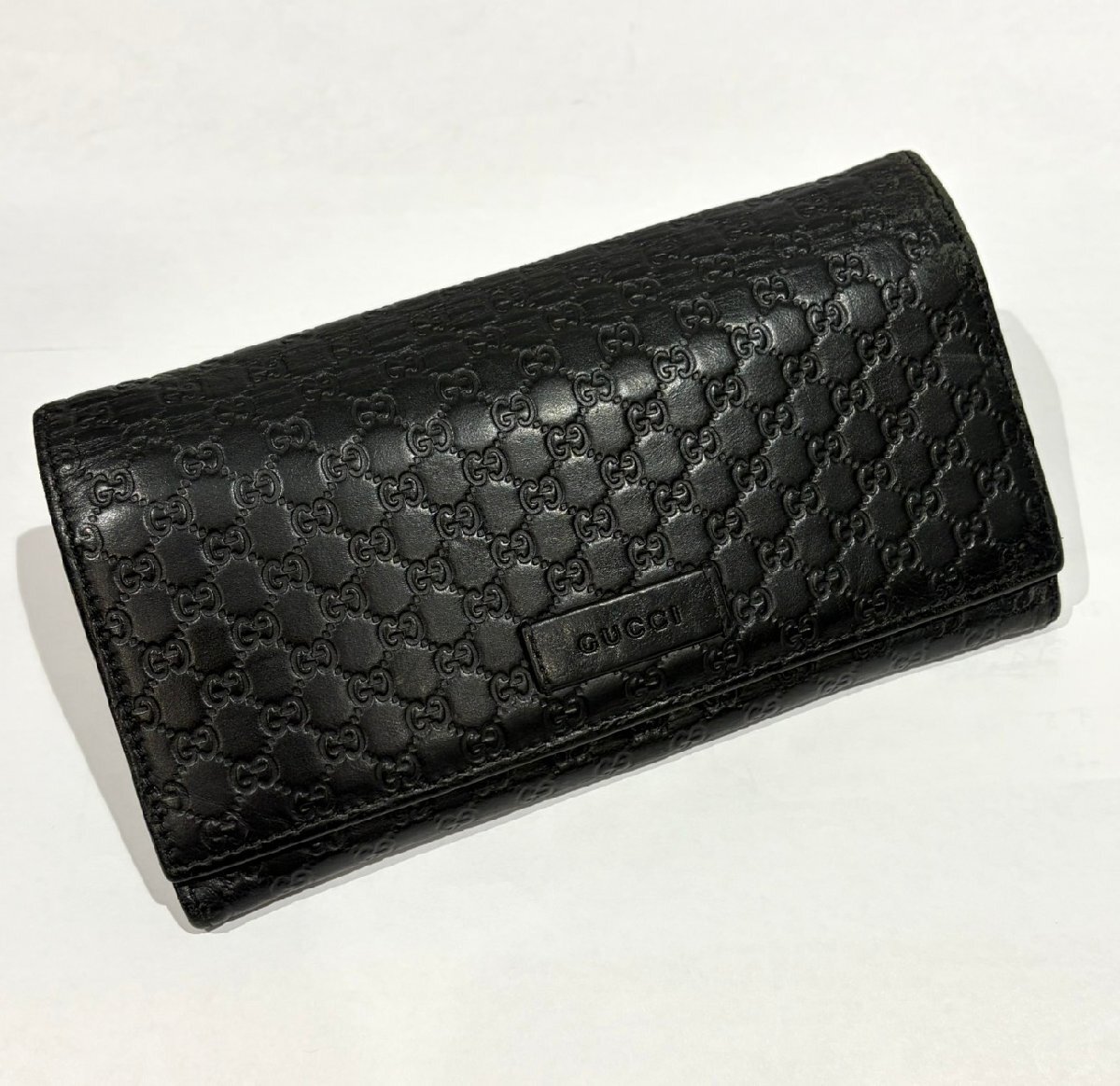 GUCCI グッチ 449396 マイクログッチシマ 二つ折り長財布 ブラック 現状品お渡し 箱付き 黒 GGマーク GG柄 小銭入れ お札 フラップ S3177_画像2