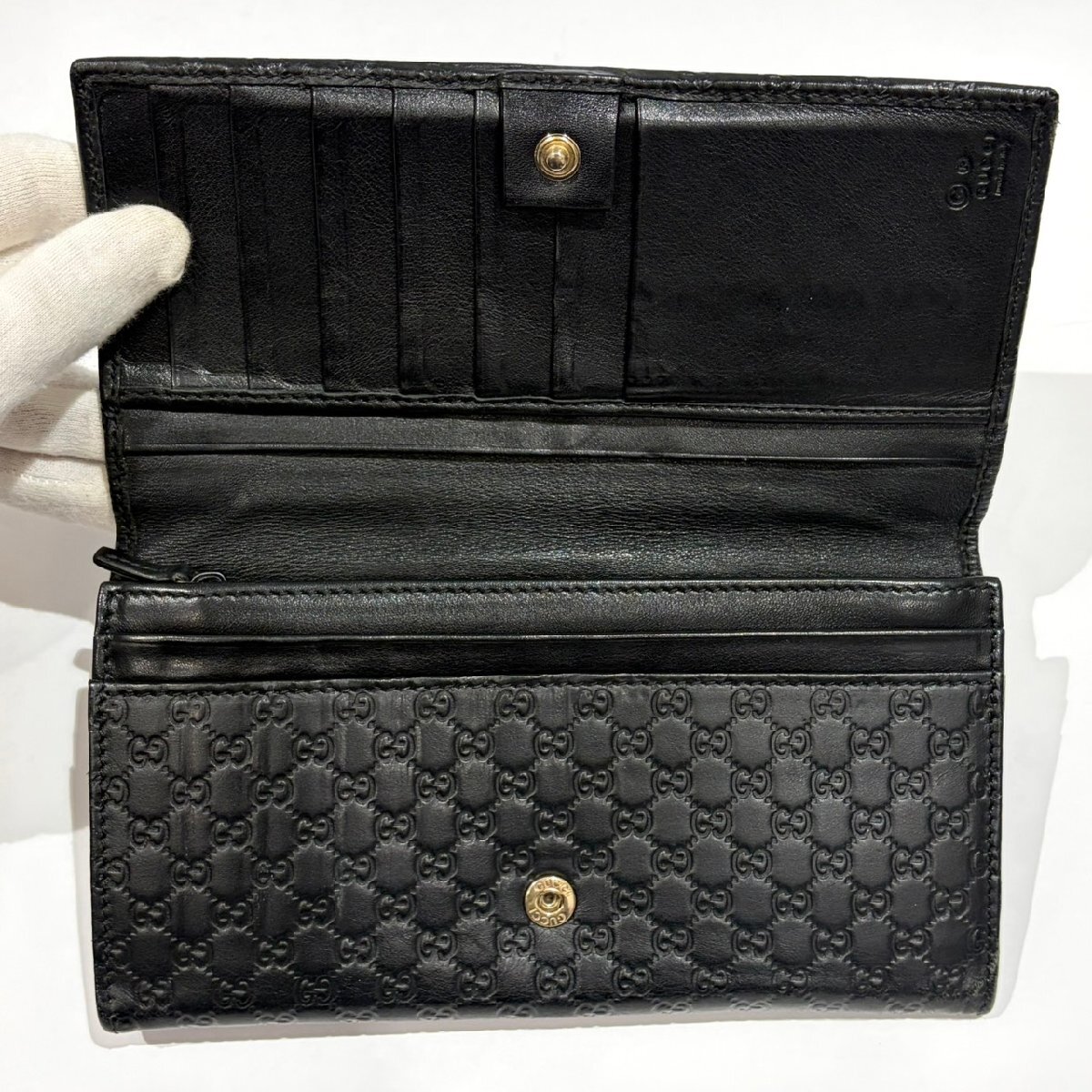 GUCCI グッチ 449396 マイクログッチシマ 二つ折り長財布 ブラック 現状品お渡し 箱付き 黒 GGマーク GG柄 小銭入れ お札 フラップ S3177_画像7