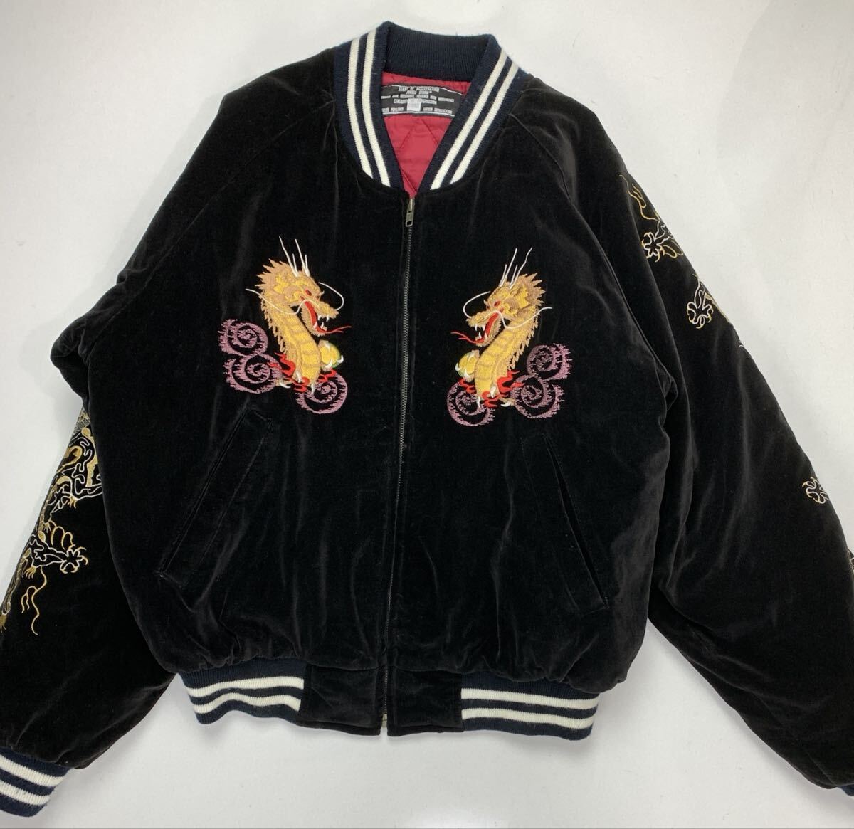 80s 90s JUNGLESTORM Ｍサイズ相当　スカジャン　別珍 刺繍 龍　 ブラック　 黒　_画像1