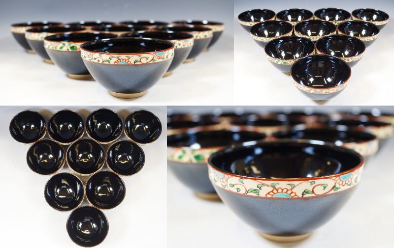 ■壱■前田宝泉/瑞雲窯 黒仁清天目釉菊唐草 数茶碗 拾客揃 共箱 茶道具 真作保証■_画像3