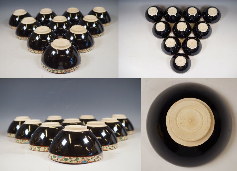 ■壱■前田宝泉/瑞雲窯 黒仁清天目釉菊唐草 数茶碗 拾客揃 共箱 茶道具 真作保証■_画像8