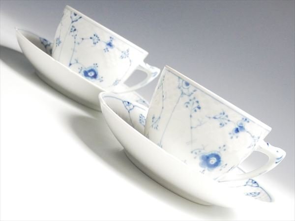 ビングオーグレンダール ブルーフルーテッド ペア カップ&ソーサー 2客 k355_画像1